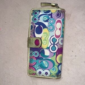 Coach Colorful Patterned Wallet with Gold Accents